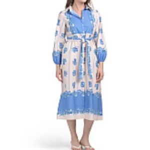 CELINA MOON Blue and White Shell Patterned Midi Dress. 100% Cotton NWT Size M